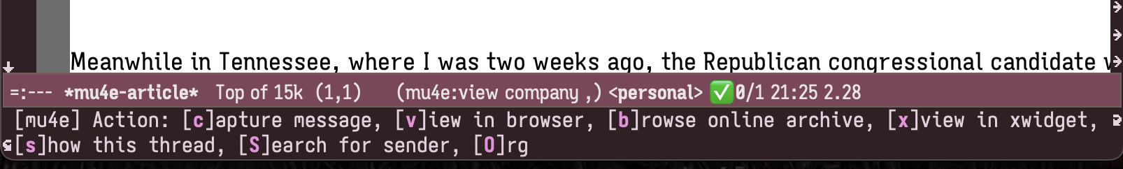 A text-based email client, displaying an email for a mailing list, in Emacs.
