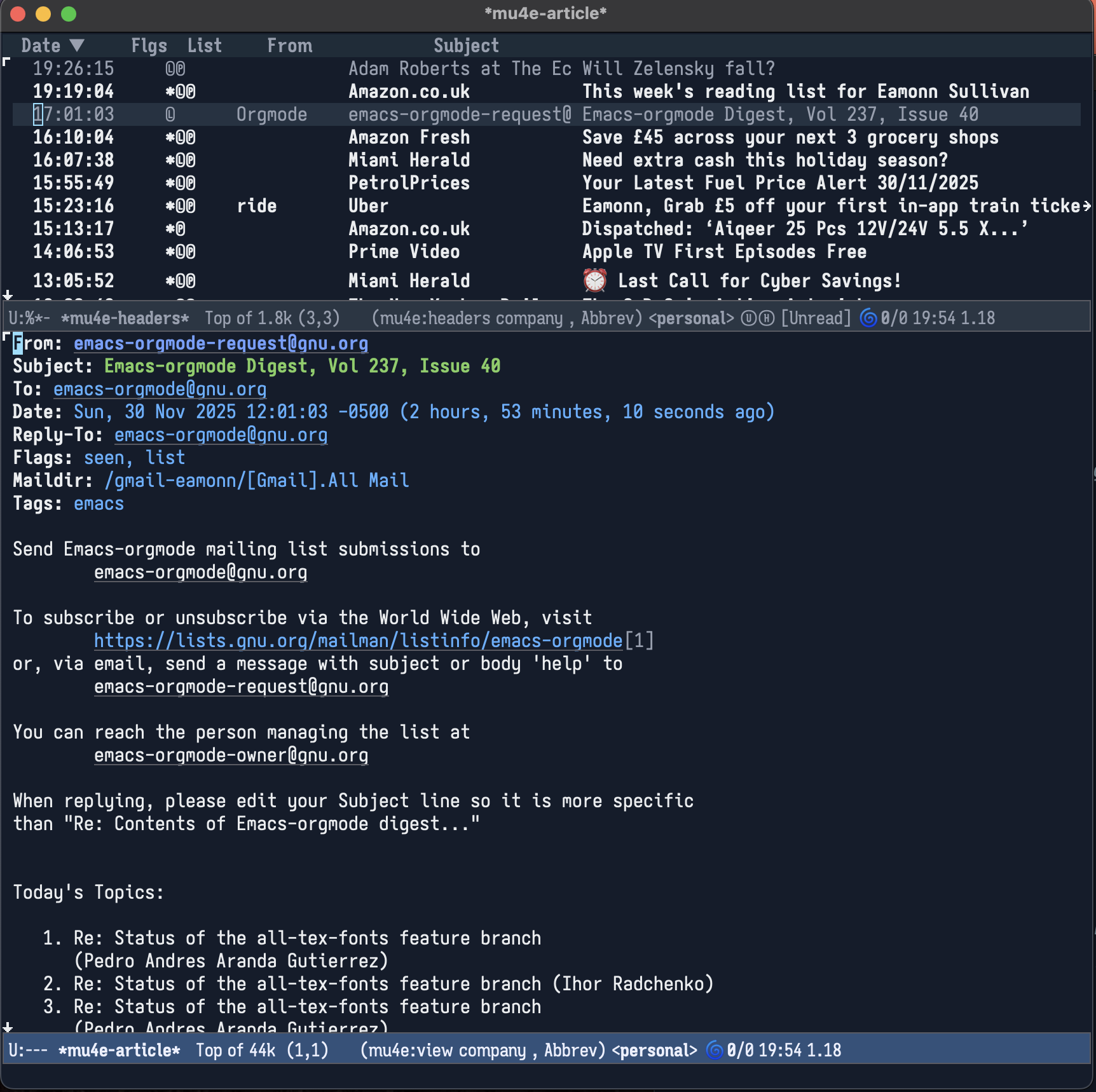 A text-based email client, displaying an email for a mailing list, in Emacs.