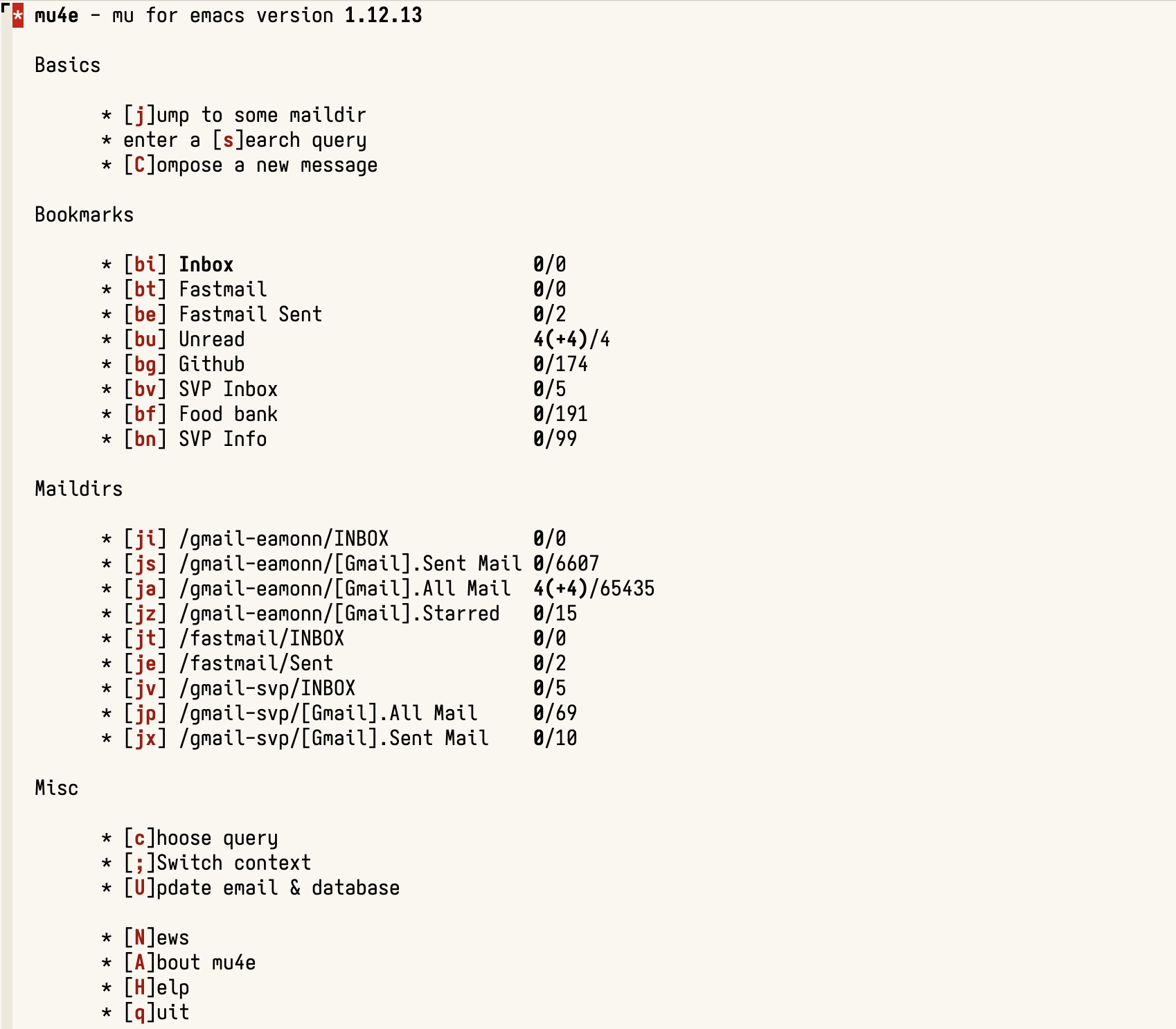 A text-based email client with links to separate inboxes and accounts, running in Emacs.
